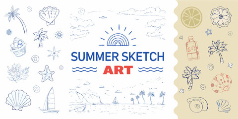 Summer themed hand drawn line art collection with tropical plants shells and ocean elements © Sudhakar