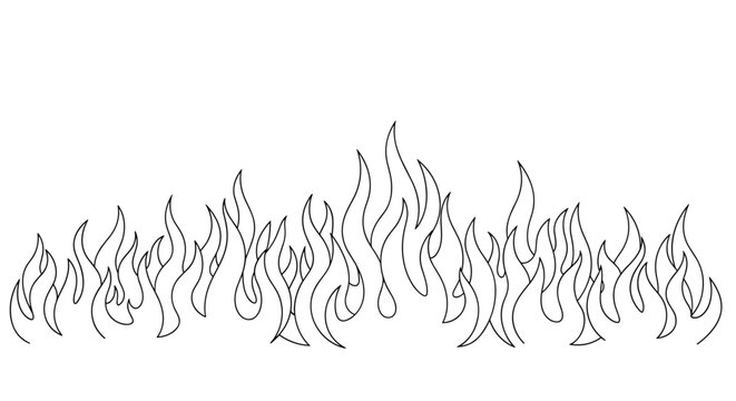 Long border of flickering flames is drawn in a simple black and white line art style to represent fire or heat for graphic designs.