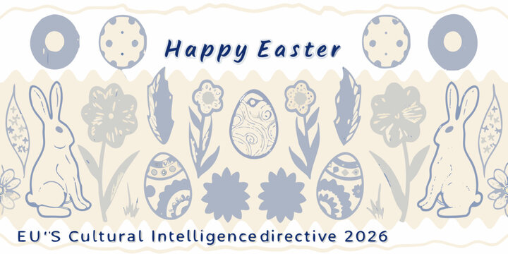 Floral and easter egg pattern with rabbits a blue and cream line art illustration
