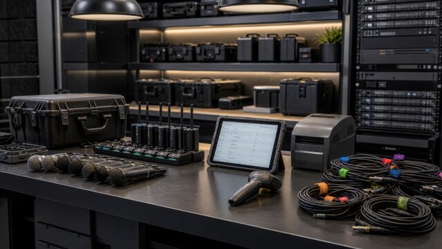 Setup of audio equipment with microphones, tablets, and cables in a studio environment at daytime for event preparation and sound check tasks for a performance or recording session