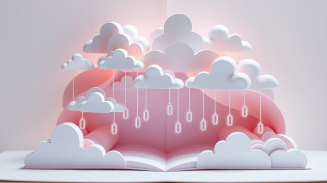 Abstract papercraft scene. Clouds hang above open book, binary code falling. Soft pinks, whites create dreamy effect. Minimalist design.