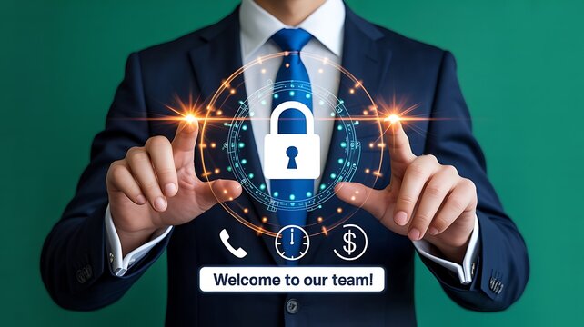 Cybersecurity team access protection concept with digital lock interface and secure business technology system