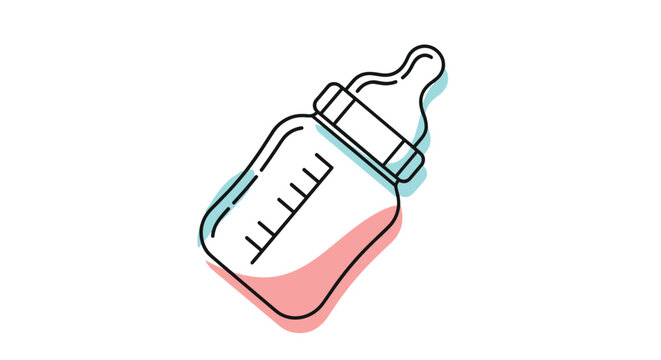 Modern baby bottle icon with teal and pink shadow effects on a white background representing infant feeding and nursery.