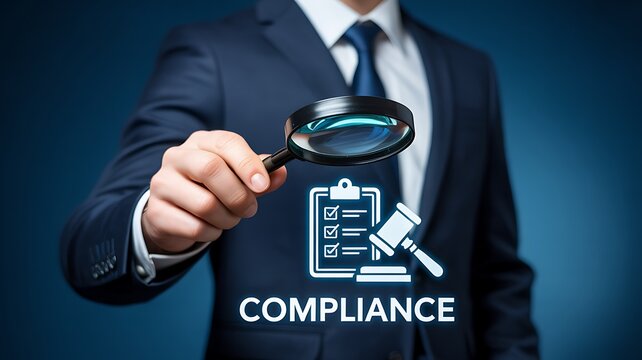Business compliance audit and regulatory review concept with magnifying glass inspection