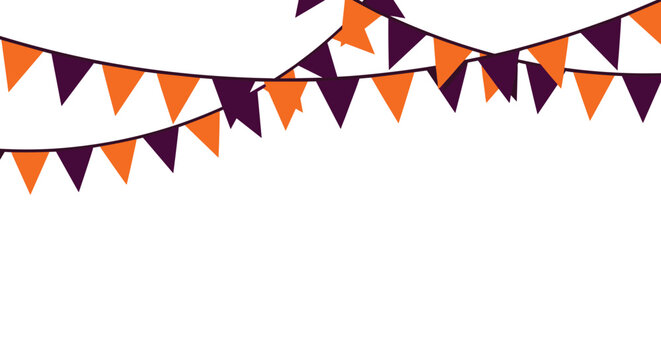 Festive Halloween bunting banner with purple and orange triangular flags hanging against a white background for holiday party decor.