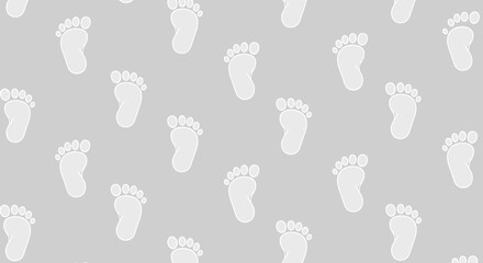 Naklejka premium Seamless pattern of white baby footprints on a light gray background, suitable for nursery decor, baby showers, or parenting.