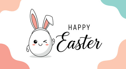 Fototapeta premium Adorable winking easter egg character wearing bunny ears headband on a white background with colorful pastel wave elements.