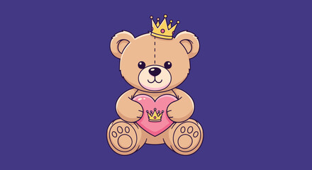 Fototapeta premium Cute teddy bear wearing a golden crown and holding a pink heart on a purple background for kids and valentines day designs.