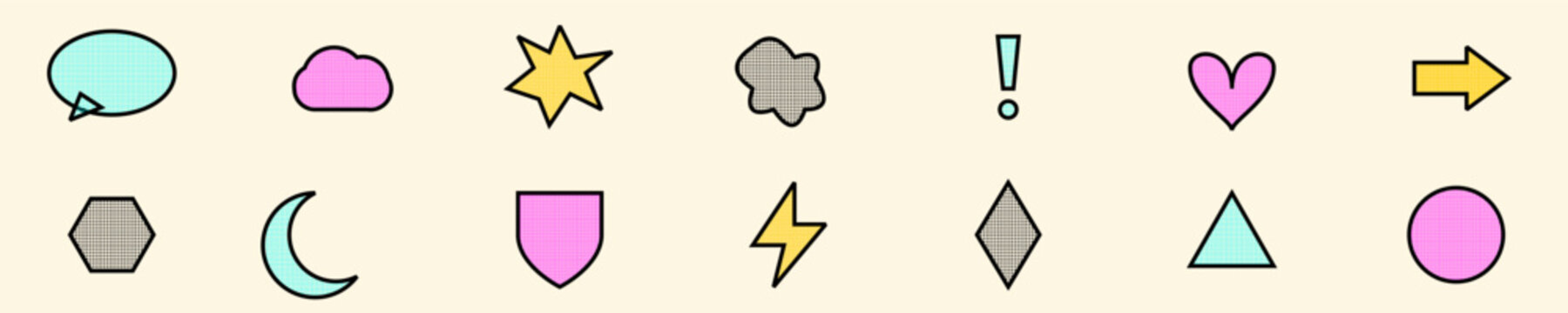 A set of colorful pop art comic book shapes featuring vintage halftone patterns and illustration