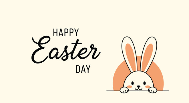 Cute bunny character peeking from behind a ledge with happy easter day text on a simple cream background for holiday greeting.