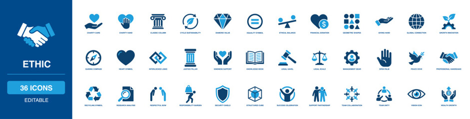 Corporate Ethic Solid Icon Set assessing fair justice scale, kind donation, green recycle, true compass, rigid pillar, and mutual handshake factors for moral business conduct and sustainability. © Vector IMG