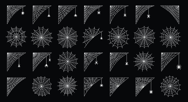 Large collection of white spider webs and spiders in various shapes and sizes on a black background for spooky halloween decor.