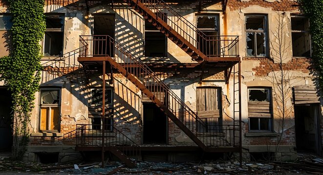 Dilapidated building with rusty fire escape in harsh sunlight and shadows