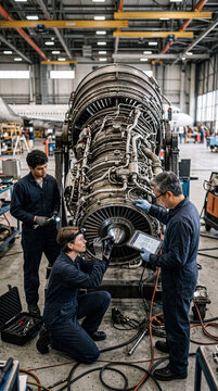 Aircraft Engineers Inspecting Jet Engine In Hangar