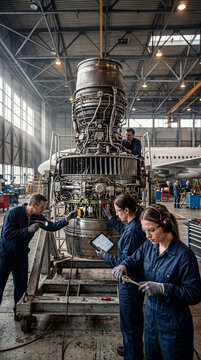 Aircraft Engineers Inspecting Jet Engine In Hangar