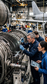 Engineers Inspecting Jet Engine in Aircraft Hangar