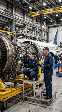 Aircraft Engineers Inspecting Jet Engine In Hangar
