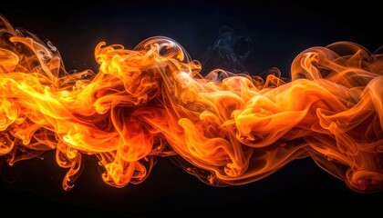Fototapeta premium Fiery orange and yellow smoke swirls dramatically against a dark background, creating an intense and captivating visual.