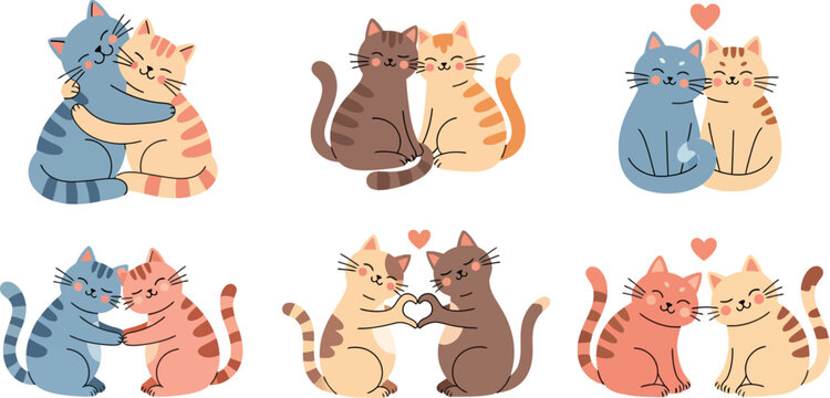Adorable cartoon cats in pairs showing affection and friendship in various colorful combinations