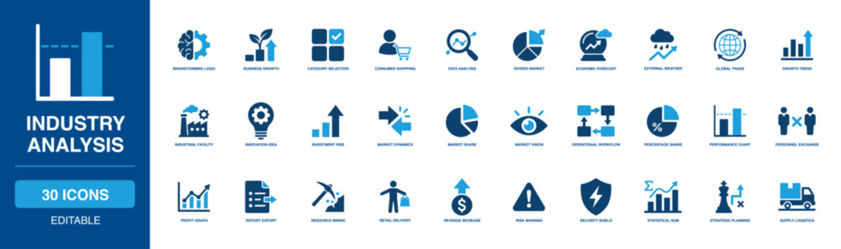 Strategic Industry Analysis Solid Icon Set covering massive business growth, economic forecast, global trade, and broad market share charts for expert corporate and financial business planning.