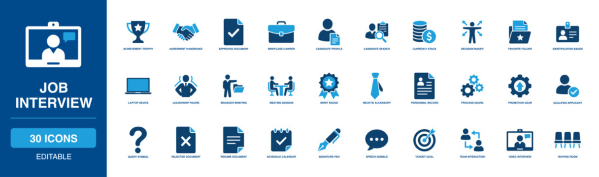 Expert Job Interview Solid Icon Set displaying clear achievement trophy, agreement handshake, candidate profile, and formal resume document layouts for rigorous business hiring processes.