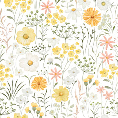 Naklejka premium Watercolor floral seamless pattern with colorful sunshiny wildflowers and delicate green plants. Colored illustration for summer whimsy textile, fabric in rustic provence style or repeat background.