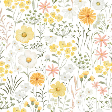 Watercolor floral seamless pattern with colorful sunshiny wildflowers and delicate green plants. Colored illustration for summer whimsy textile, fabric in rustic provence style or repeat background.