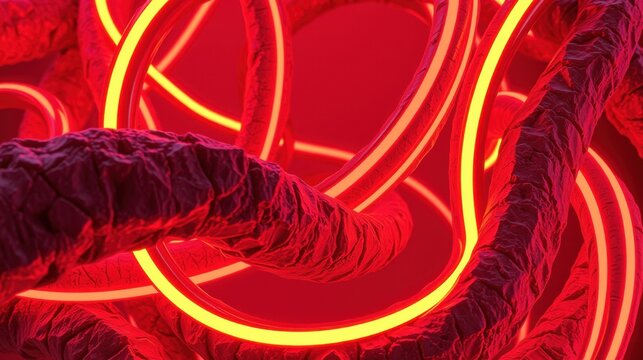 Abstract red roots, glowing neon lines. Dramatic lighting creates intense visual impact. Dark background emphasizes vibrant forms.