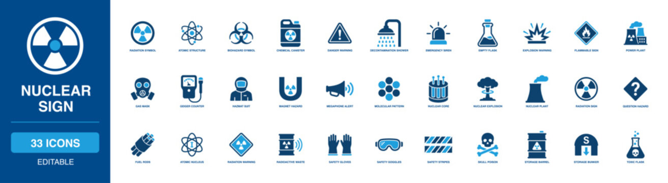 Hazardous Nuclear Sign Solid Icon Set highlighting radiation alert, atomic structure, safety gas mask, and toxic flask warnings for perilous material logistics and industrial site safety.