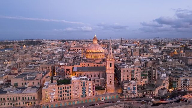 Malta, Valletta Dusk Vertical Parallax Aerial Historic Skyline 
