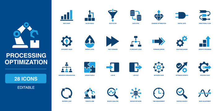 Tech Processing Optimization Solid Icon Set covering network bar chart, block build, data filter, sync loops, diamond optimization, digital gate, directional flow, and efficiency gears.