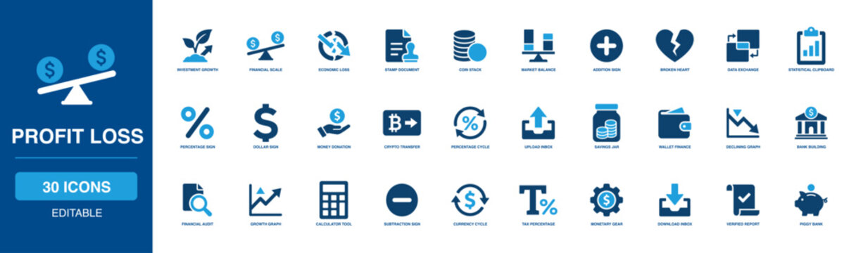 Financial Profit Loss Solid Icon Set tracking investment growth, banking scale, economic loss, stamp document, coin stack, market balance, addition sign, and broken heart loss dynamics.
