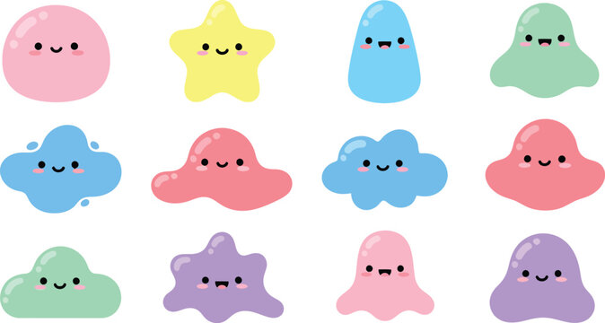 Colorful cute cartoon ghost characters in various shapes and pastel colors on white background