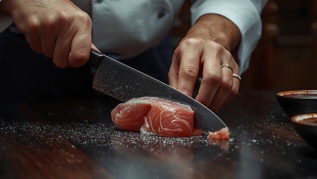 Chef cutting raw salmon fillet on black cutting board with knife
