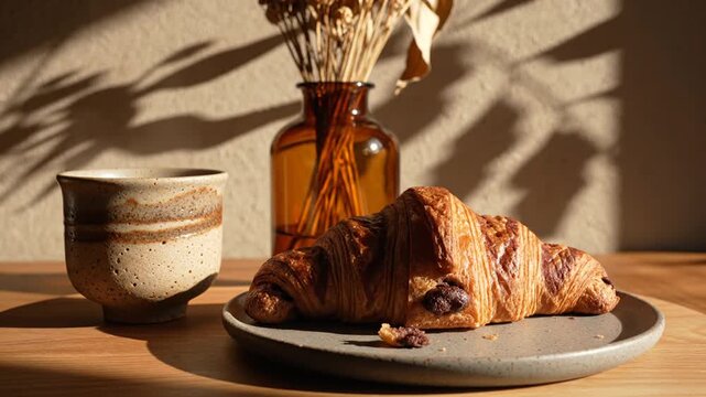 Golden croissant with coffee on a rustic breakfast table bathed in warm sunlight.