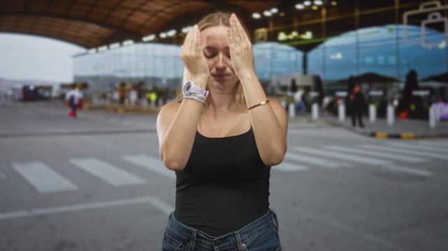 Woman with hands on cheeks touching face at airport terminal pickup lane by glass facade and crosswalk; anxiety introspection.