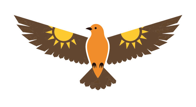 Stylized Orange Bird with Sun Pattern Wings Vector Illustration