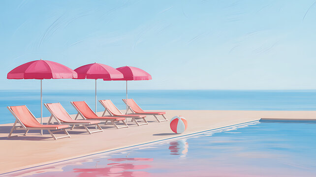 Minimalist handmade illustration of a beach scene with pink umbrellas, lounge chairs, and a beach ball