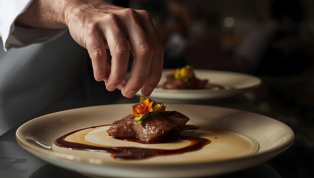 A chefs hand garnishing a plate of steak with a flower on top with sauce