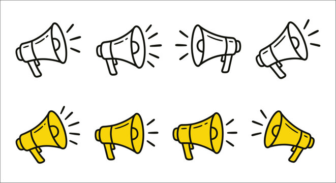 megaphone icons hand drawn style yellow and black line art on white background