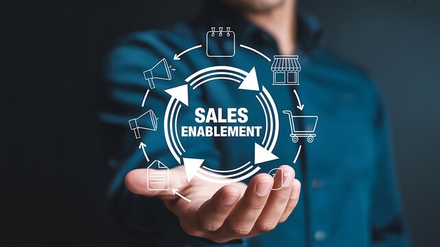 Business sales enablement concept with digital interface icons and professional presenting strategy and marketing process