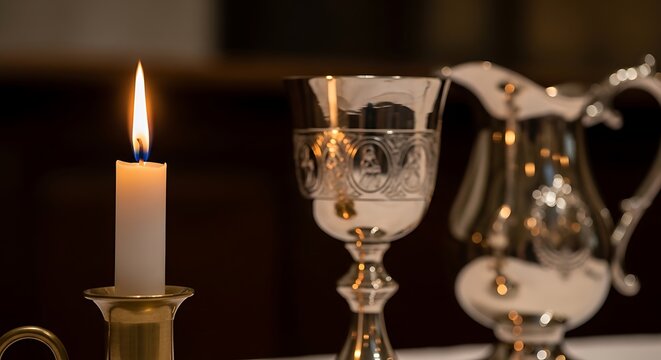 Lit candle and silver chalice composition on a dark background