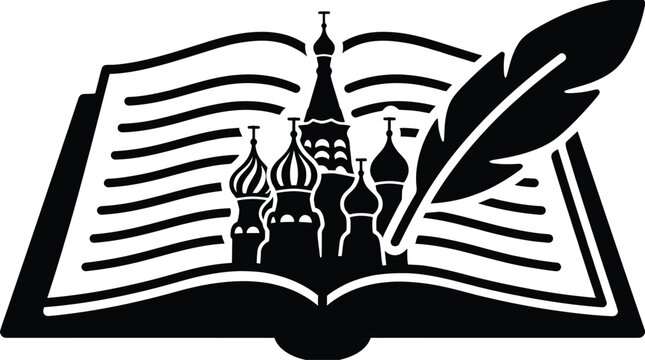 Open book with Saint Basil's Cathedral and quill pen silhouette on transparent background.
