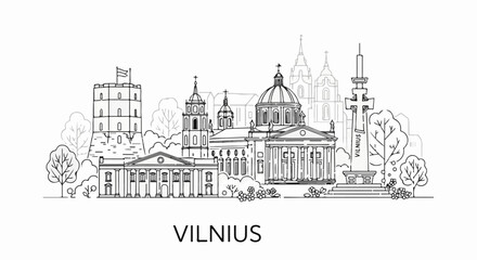Fototapeta premium Stylized black and white line art of a cityscape with notable buildings