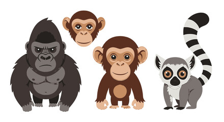 Set of Cartoon Primate Illustrations Featuring Gorilla Chimpanzee Lemur © Ibnu