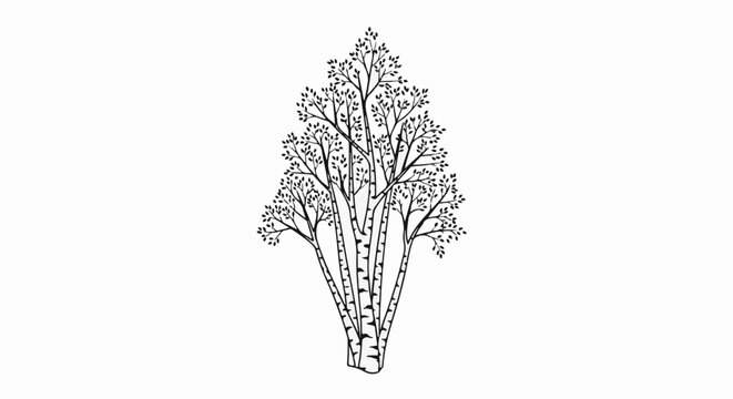 Stylized black and white illustration of a cluster of birch trees