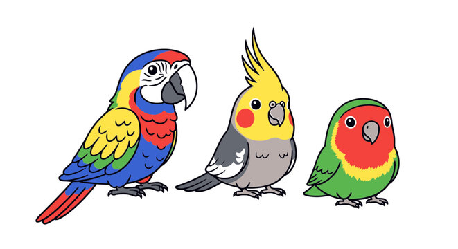 Three Cute Cartoon Parrots Including Macaw Cockatiel and Lovebird