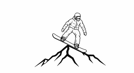 Fototapeta premium Snowboarder balanced on mountain peaks, black outline, minimalist style