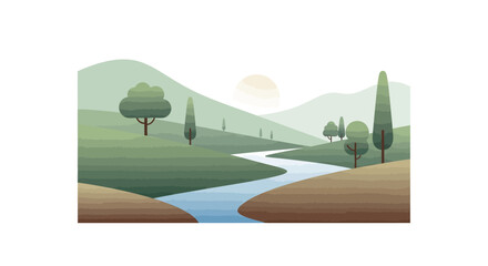 Fototapeta premium Serene Landscape with Winding River and Green Hills at Sunrise