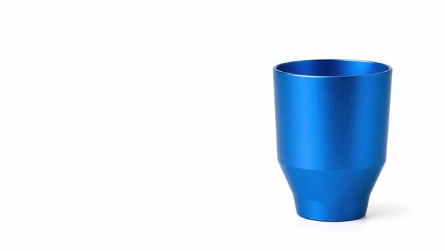 Modern sleek anodized bright blue aluminum metal cup smooth vibrant metallic finish contemporary geometric design soft diffused side lighting creating smooth gradients